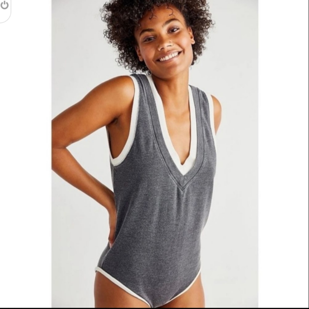 Free People Cozy Cool Girl Tank Bodysuit Grey Gray White Medium